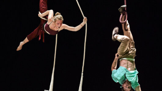 circusvoorstelling PLOF!, luchtacrobate en accordeonspeler in de trapeze